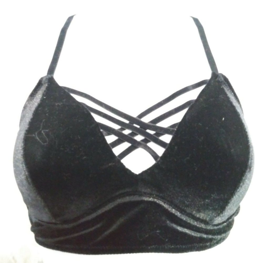 Women's Xhilaration Black Velvet Longline Bralette Size XS Criss Cross Front